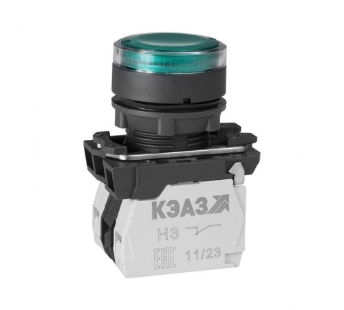 Кнопка КМЕ4611мЛ-24В-зеленый-1но+1нз-цилиндр-индикатор-IP65 291156  КЭАЗ