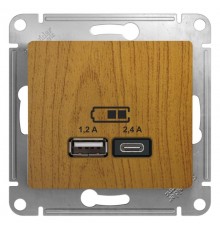 Glossa Дерево Дуб USB Розетка A+С, 5В/2,4А, 2х5В/1,2 А, механизм  GSL000539  SE