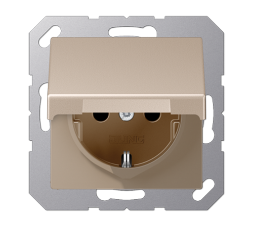 Штепсельная розетка SCHUKO 16А / 250В с подпружиненной откидной крышкой, возможно IP44, пружинные зажимы; термопласт; шампань; A500  A1520BFKLCH  Ju