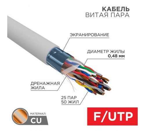 Кабель витая пара F/UTP, CAT 5е, PVC, 25PR, 24AWG, INDOOR, SOLID, серый, 305м, РФ REXANT  01-1201-R  REXANT