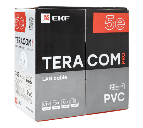 Кабель витая пара TERACOM PRO Cat.5E U/UTP 4 пары solid 24AWG цвет серый упак. 305м  TRP-5EUTP-04PVC-GY-IN3  EKF