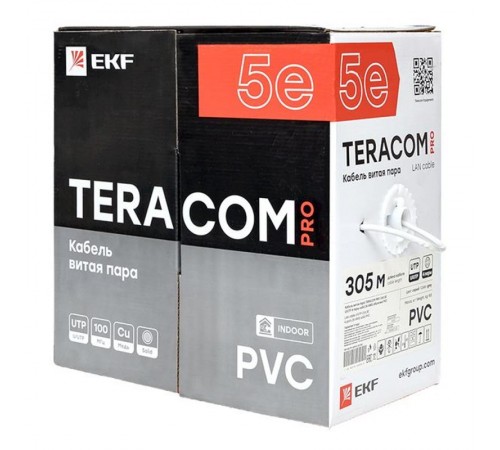 Кабель витая пара TERACOM PRO Cat.5E U/UTP 4 пары solid 24AWG цвет серый упак. 305м  TRP-5EUTP-04PVC-GY-IN3  EKF