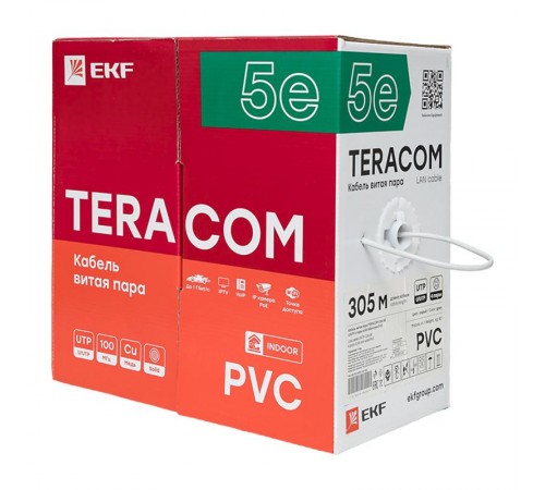 Кабель витая пара TERACOM PRO Cat.5E U/UTP 4 пары solid 24AWG цвет серый упак. 305м  TRP-5EUTP-04PVC-GY-IN3  EKF