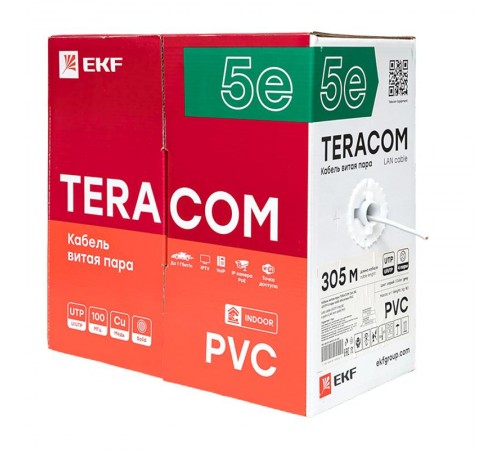 Кабель витая пара TERACOM PRO Cat.5E U/UTP 4 пары solid 24AWG цвет серый упак. 305м  TRP-5EUTP-04PVC-GY-IN3  EKF