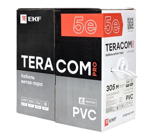 Кабель витая пара TERACOM PRO Cat.5E U/UTP 4 пары solid 24AWG цвет серый упак. 305м  TRP-5EUTP-04PVC-GY-IN3  EKF