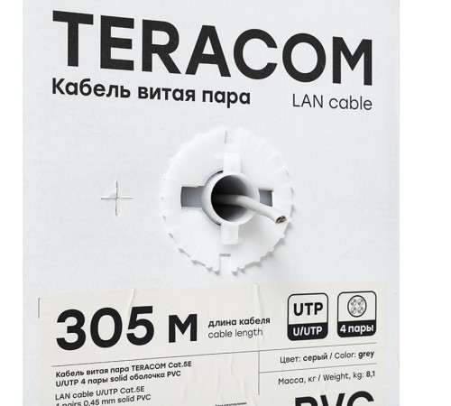 Кабель витая пара TERACOM PRO Cat.5E U/UTP 4 пары solid 24AWG цвет серый упак. 305м  TRP-5EUTP-04PVC-GY-IN3  EKF
