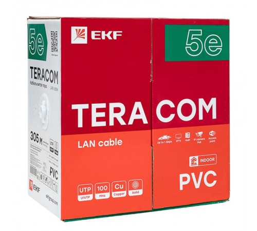 Кабель витая пара TERACOM PRO Cat.5E U/UTP 4 пары solid 24AWG цвет серый упак. 305м  TRP-5EUTP-04PVC-GY-IN3  EKF