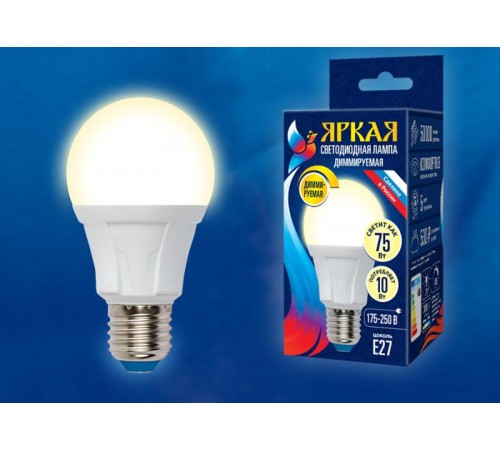 Лампа светодиодная LED-A60 10W/3000K/E27/FR/DIM PLP01WH LED, димм.. "груша", мат, серия Яркая, пр-во Россия, 3000К .  UL-00004287  Uniel