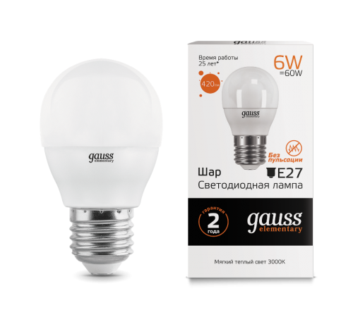 Лампа светодиодная LED 6Вт E27 220В 2700К Elementary шар  53216  Gauss