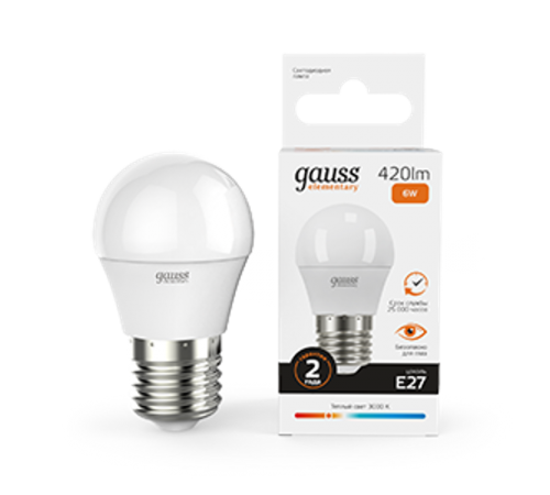 Лампа светодиодная LED 6Вт E27 220В 2700К Elementary шар  53216  Gauss