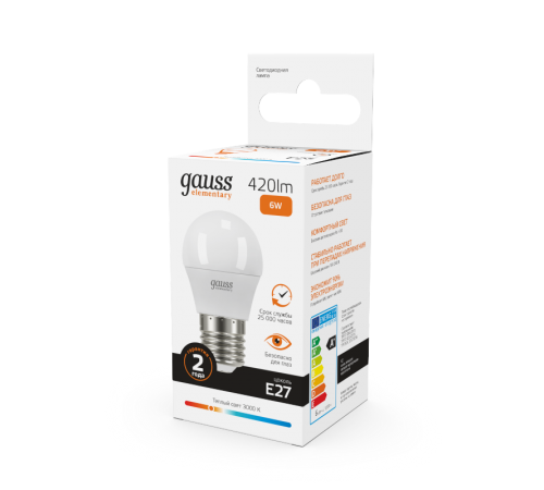 Лампа светодиодная LED 6Вт E27 220В 2700К Elementary шар  53216  Gauss