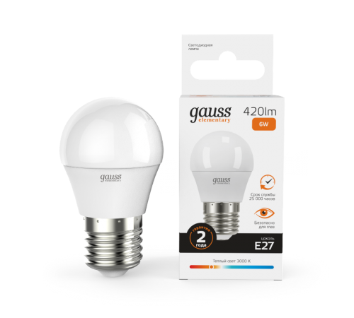 Лампа светодиодная LED 6Вт E27 220В 2700К Elementary шар  53216  Gauss