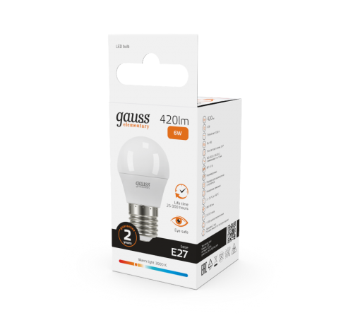 Лампа светодиодная LED 6Вт E27 220В 2700К Elementary шар  53216  Gauss