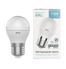 Лампа светодиодная Basic Шар 7,5W 690lm 4100K E27 LED 1/10/100  1053228  Gauss