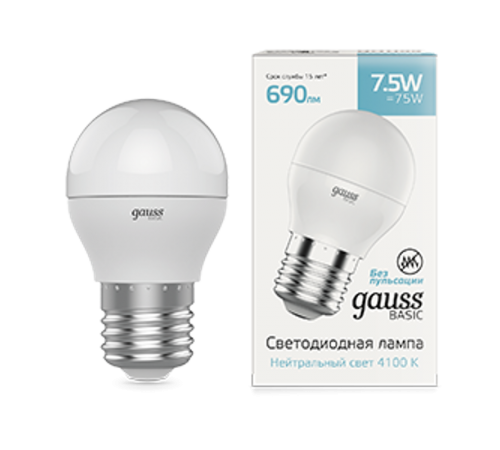Лампа светодиодная Basic Шар 7,5W 690lm 4100K E27 LED 1/10/100  1053228  Gauss