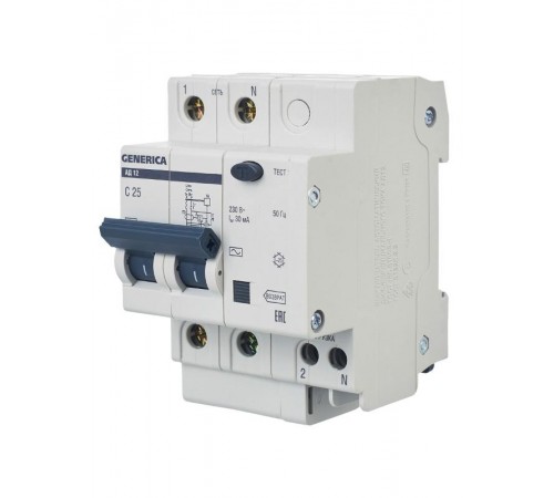 Выключатель автоматический дифференциального тока АД12 2п 25А C 25А тип AC (3,4 мод)  MAD15-2-025-C-030  GENERICA