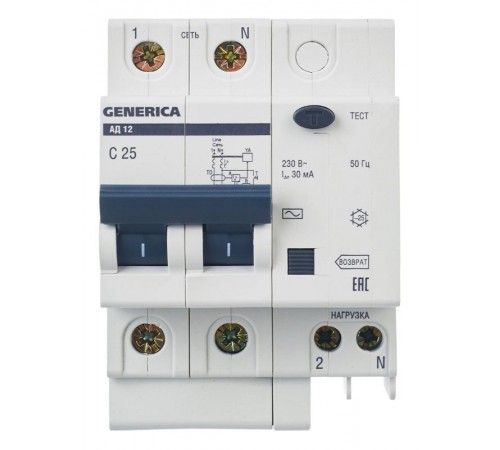 Выключатель автоматический дифференциального тока АД12 2п 25А C 25А тип AC (3,4 мод)  MAD15-2-025-C-030  GENERICA