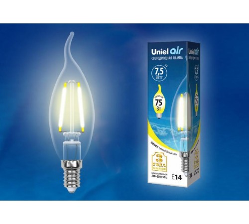 Лампа светодиодная LED-CW35-7,5W/WW/E14/CL GLA01TR LED. "свеча на ветру", прозр серия Air. 3000K  UL-00003248  Uniel
