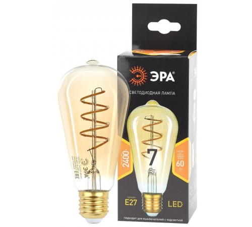 Лампа светодиодная F-LED ST64-7W-824-E27 spiral gold (филамент, спир зол, 7Вт, тепл, E27) (20/960)  Б0047665  ЭРА