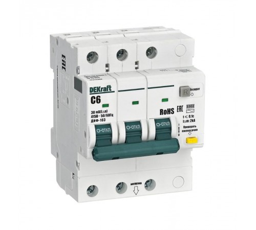 Выключатель автоматический дифференциального тока АВДТ 3P 6А 30мА AC х-ка C ДИФ-103 6кА  16372DEK  DEKraft