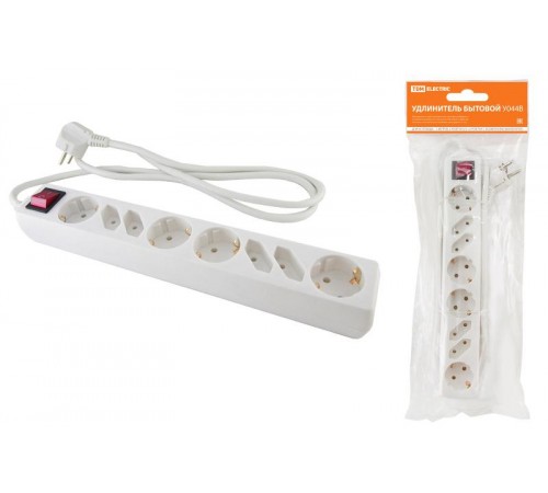 Удлинитель бытовой  У044В, выключатель, 4 б/з+4 с/з, 5метров, ПВС 3х1,5мм2  16А/250В   SQ1303-0322  TDM