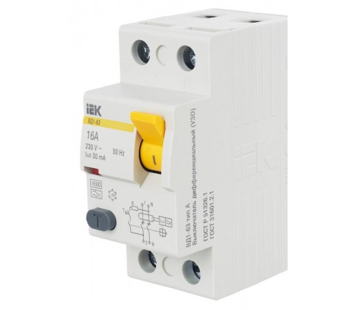 Выключатель дифференциальный (УЗО) ВД1-63 2п 16А 30мА тип A  MDV11-2-016-030  IEK