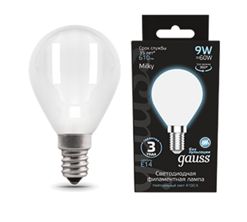 Лампа светодиодная Filament Шар 9W 610lm 4100К Е14 milky LED 1/10/50  105201209  Gauss