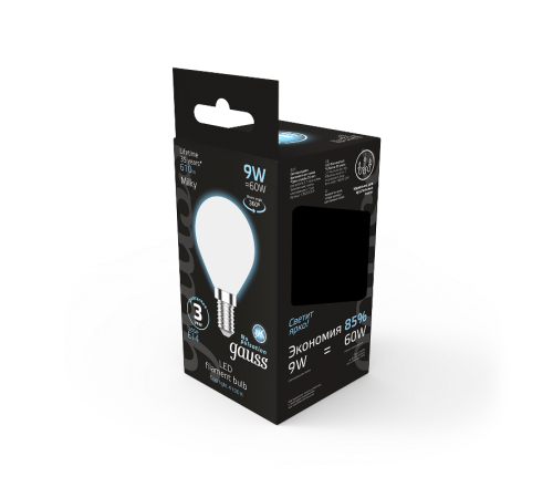 Лампа светодиодная Filament Шар 9W 610lm 4100К Е14 milky LED 1/10/50  105201209  Gauss