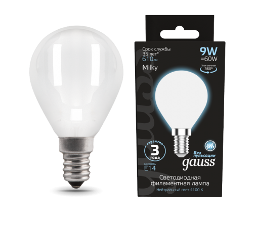 Лампа светодиодная Filament Шар 9W 610lm 4100К Е14 milky LED 1/10/50  105201209  Gauss
