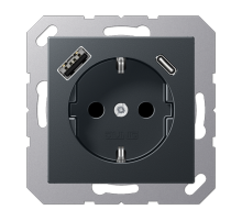 Розетка SCHUKO® с USB-зарядным устройством, тип A + тип С; термопласт; матовый антрацит  A1520-15CAANM  Jung