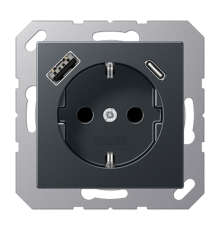 Розетка SCHUKO® с USB-зарядным устройством, тип A + тип С; термопласт; матовый антрацит  A1520-15CAANM  Jung