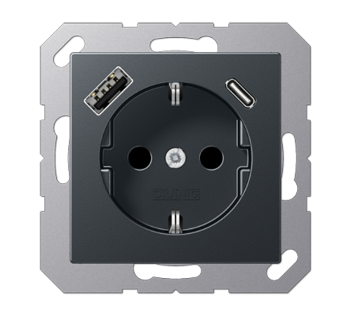 Розетка SCHUKO® с USB-зарядным устройством, тип A + тип С; термопласт; матовый антрацит  A1520-15CAANM  Jung