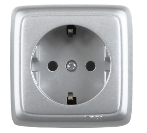 Розетка открытой установки, одноместная, с заземляющим контактом, цвет серебро  РА16-111-06  HEGEL