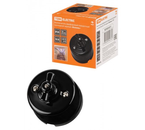 Выключатель фарфоровый поворотный проходной с ручкой (бантик) 10А черный "Болонь"  SQ1820-0211  TDM