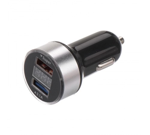 Автозарядка в прикуриватель 2хUSB с дисплеем (АЗУ) (1000+2100 mA) серебристая  18-1947  REXANT