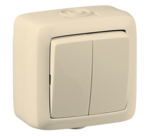 Выключатель открытой установки, двухклавишный, брызгозащищенный, цвет слоновая кость  ВА16-251-01  HEGEL