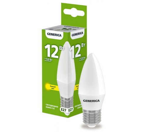 Лампа светодиодная C35 свеча 12Вт 230В 3000К E27   LL-C35-12-230-30-E27-G  GENERICA