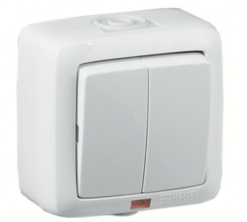 Выключатель открытой установки, двухклавишный, с индикацией, брызгозащищенный, цвет белый  ВА16-252  HEGEL