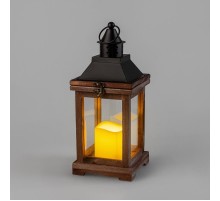 Декоративный фонарь со свечкой, корпус из дерева, размер 14х14х35cм, цвет теплый белый  513-075  NEON-NIGHT