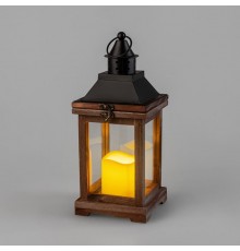 Декоративный фонарь со свечкой, корпус из дерева, размер 14х14х35cм, цвет теплый белый  513-075  NEON-NIGHT