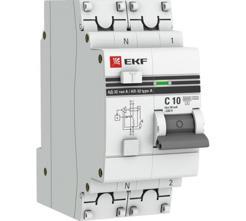 Выключатель автоматический дифференциального тока АД-32 1P+N 10А/30мА (хар. C, A, электронный, защита 270В) 6кА PROxima  DA32-6-10-30-a-pro  EKF (за