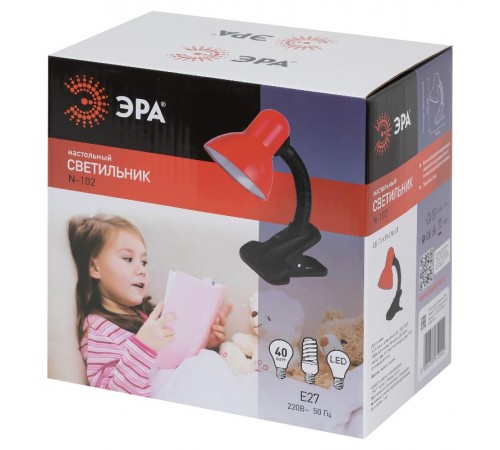 Светильник настольный прищепка N-102 40Вт ЛН/КЛЛ Е27 красный  C0041425  ЭРА