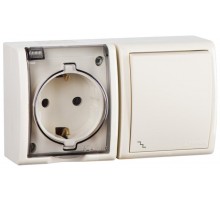 Блок IP54. Розетка с крышкой и заземлением Schuko 2Р+Е 16A + Переключатель (проходной) 10AX 250В цвета слоновая кость S15 Aqua  1594516-031  Simon