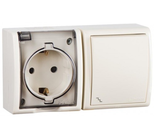 Блок IP54. Розетка с крышкой и заземлением Schuko 2Р+Е 16A + Переключатель (проходной) 10AX 250В цвета слоновая кость S15 Aqua  1594516-031  Simon