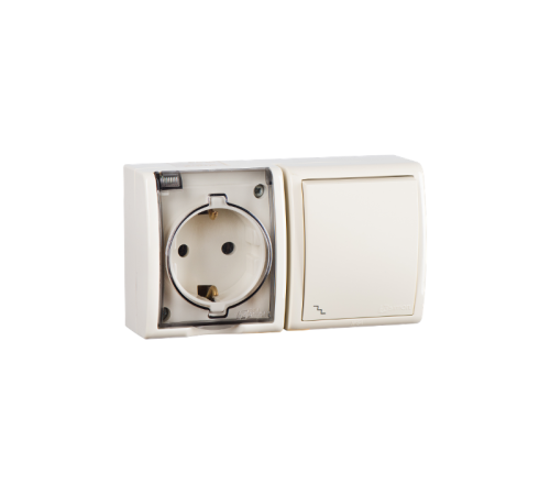 Блок IP54. Розетка с крышкой и заземлением Schuko 2Р+Е 16A + Переключатель (проходной) 10AX 250В цвета слоновая кость S15 Aqua  1594516-031  Simon