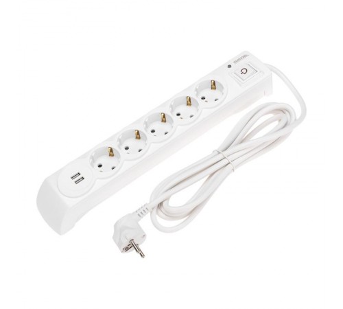 Фильтр сетевой 5 гнезд, 3м, 3х1,5мм, с автовыкл, 2 USB, белый  13-4700  Kranz