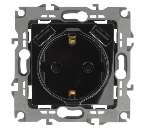 12-4109-06 Розетка с заземлением 16A-250В, штор. с 2xUSB 5В-3А, 12, чёрный   Б0047845  ЭРА