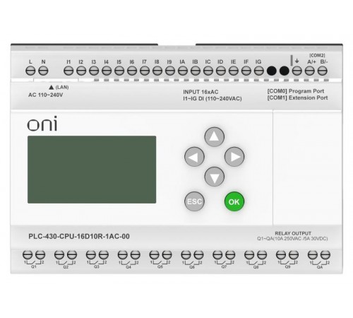 ПЛК 430 Модуль ЦПУ 16 DI 10 RO 220В AC EP с экраном  PLC-430-CPU-16D10R-1AC-00  ONI