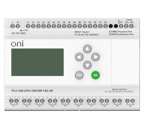 ПЛК 430 Модуль ЦПУ 16 DI 10 RO 220В AC EP с экраном  PLC-430-CPU-16D10R-1AC-00  ONI
