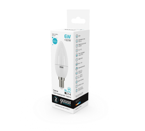 Лампа светодиодная LED 6Вт E14 220В 4100К Elementary свеча  33126  Gauss